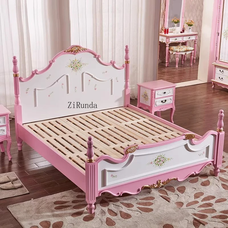 سرير الأميرة الوردي الأمريكي الريفي العتيق الخشب الصلب الرعوية القديمة 1.8 متر لوحة سرير الزفاف #6