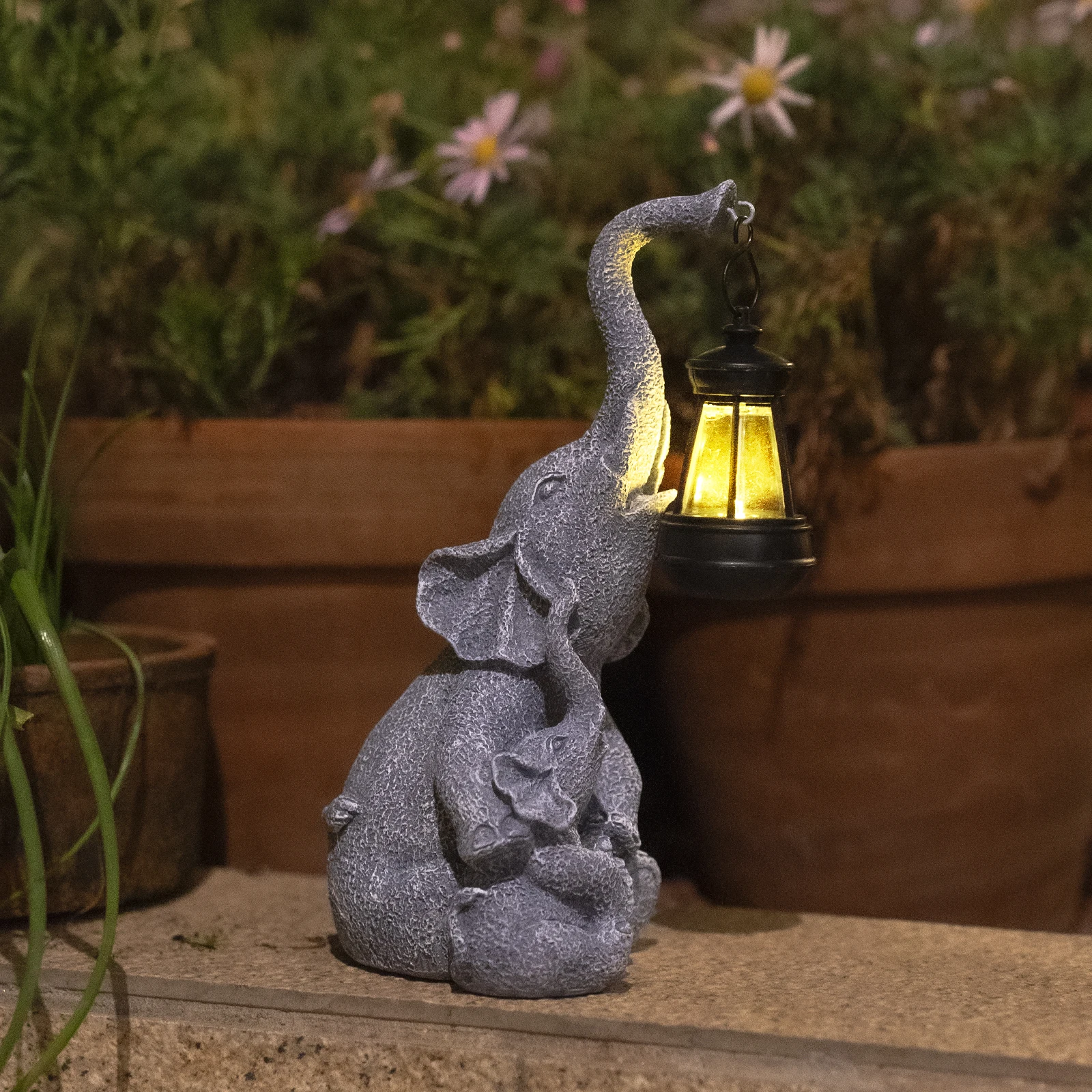 Solar outdoor Garden statue lights, Elephant statue garden sculpture decorations, lucky elephant mother gifts for ladies, men or