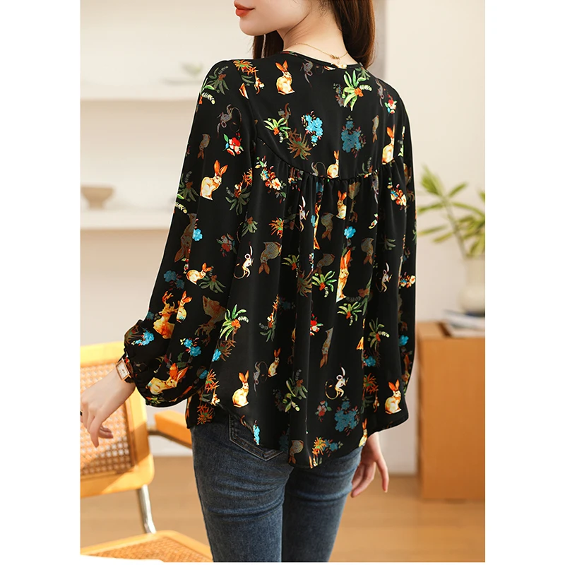 Women Spring Fashion Loose Prairie Chic Floral Chiffon O-neck Long Sleeve Shirts Women Clothes Casual All-match Appear Thin Tops