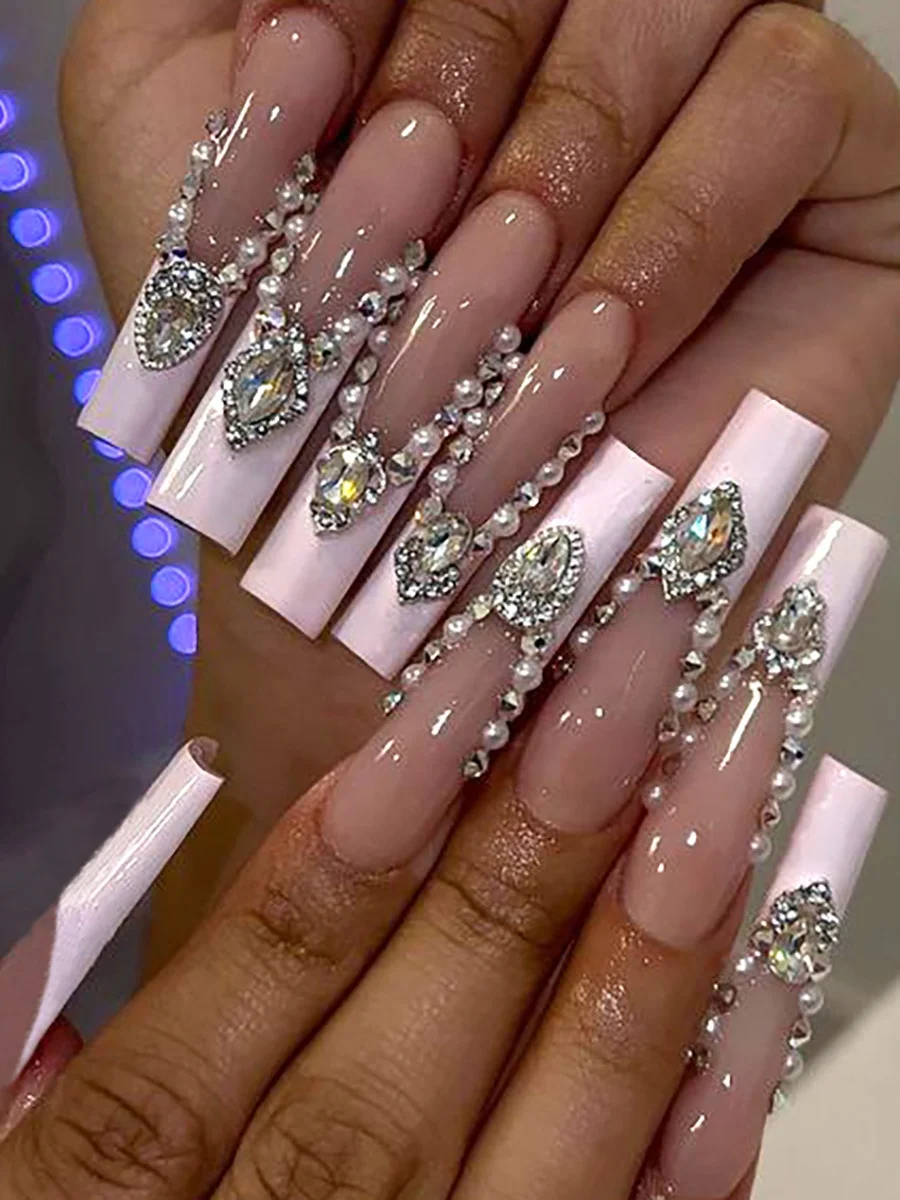 24 faux ongles longs carrés à presser, avec strass et perles, design complet, avec faux ongles blancs français à porter