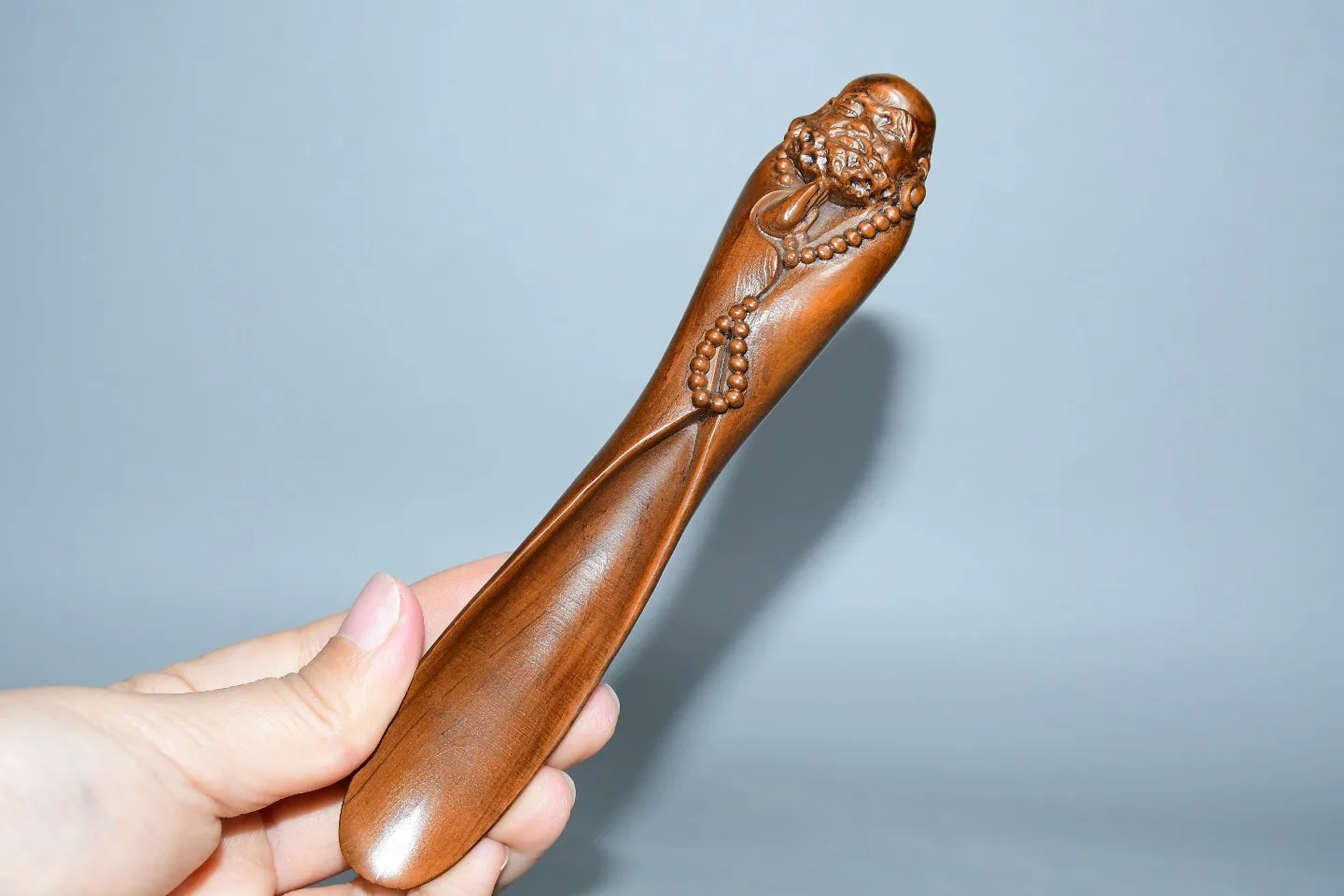 

6"Tibetan Temple Collection Old Boxwood Bodhidharma Buddha statue Damo tea spoon Tea spatula tool Amulet Amass wealth Ornaments