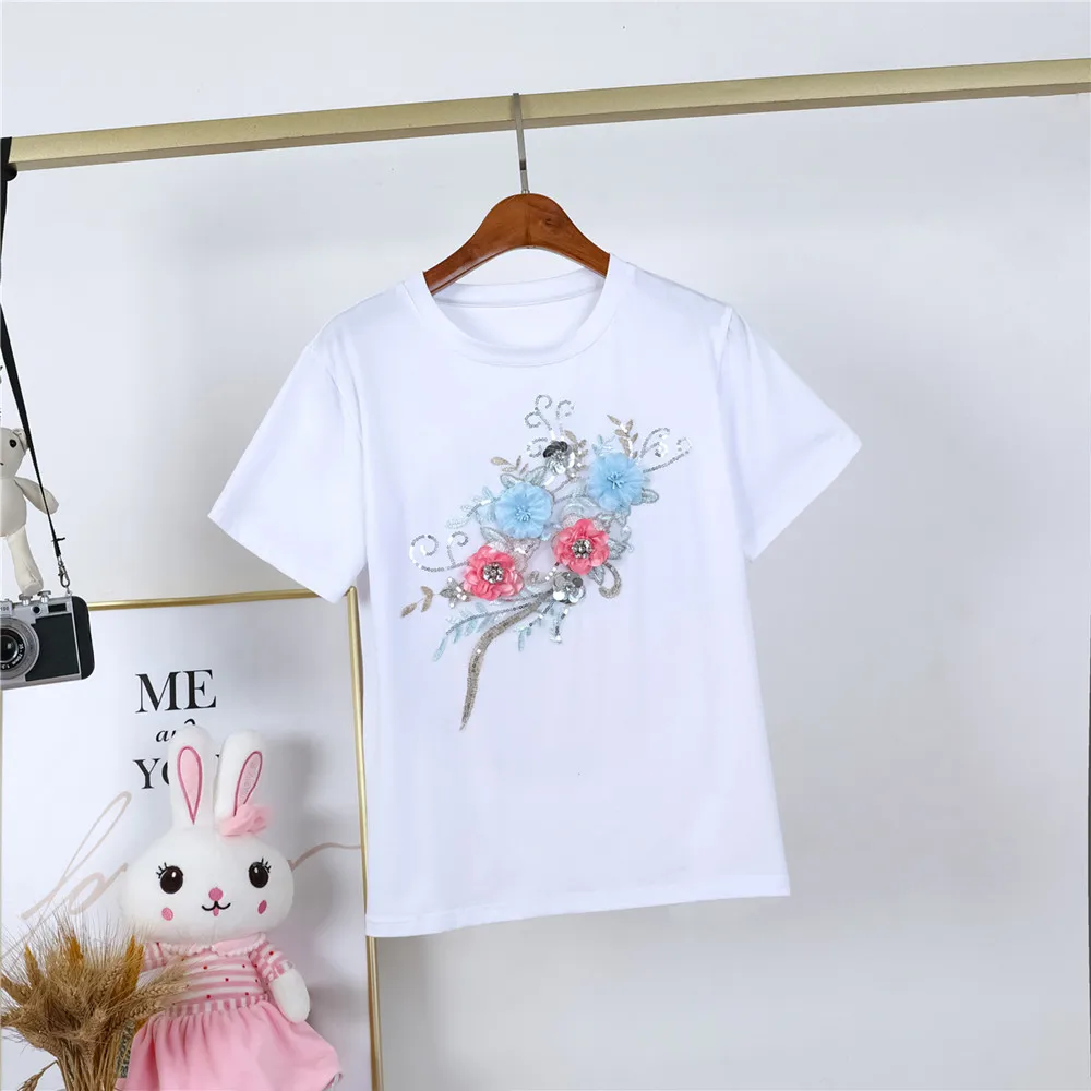 White flowers embroidered T-shirt short sleeve women's Top﻿ y2k clothes Summe mujer