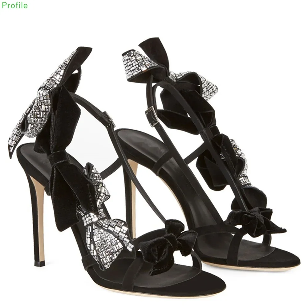 

Bow-knot Sequin Sandals Stiletto High-heeled Flower Banquet Open-toe One-line Buckle Belt European And American Style Summer