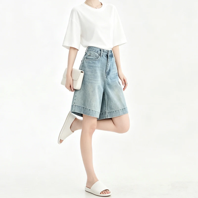 Vintage Light Wash Straight Loose Five Points Denim Shorts Ladies Hong Kong Style Slim Fit Summer Daily Casual Pants