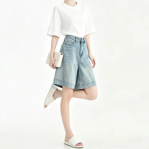 Vintage Light Wash Straight Loose Five Points Denim Shorts Ladies Hong Kong Style Slim Fit Summer Daily Casual Pants