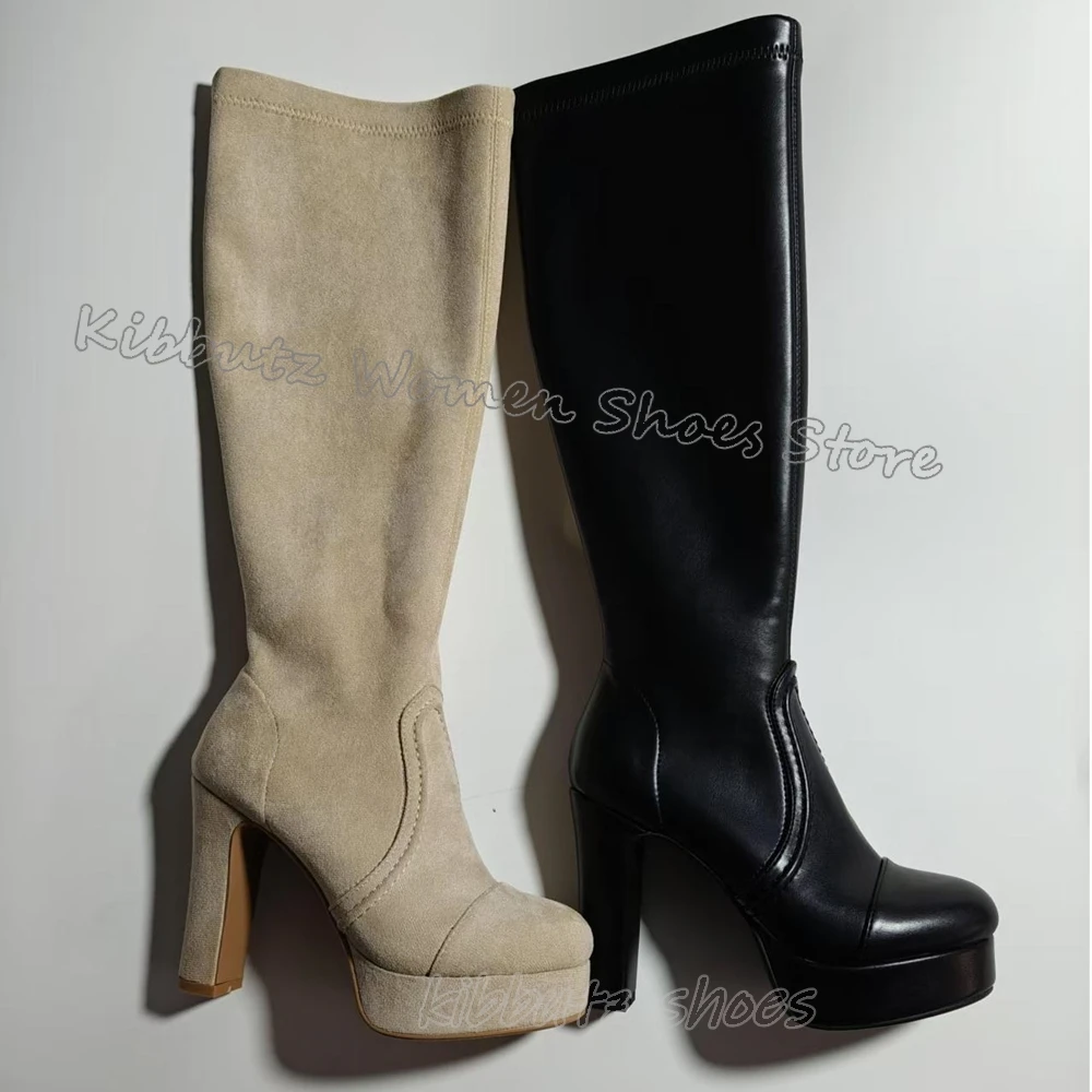 Sewing Knee High Boots Platform Genuine Leather Solid Color Fashion Elegant Concise Sexy Luxury Women Shoes Pointy Chunky Heels