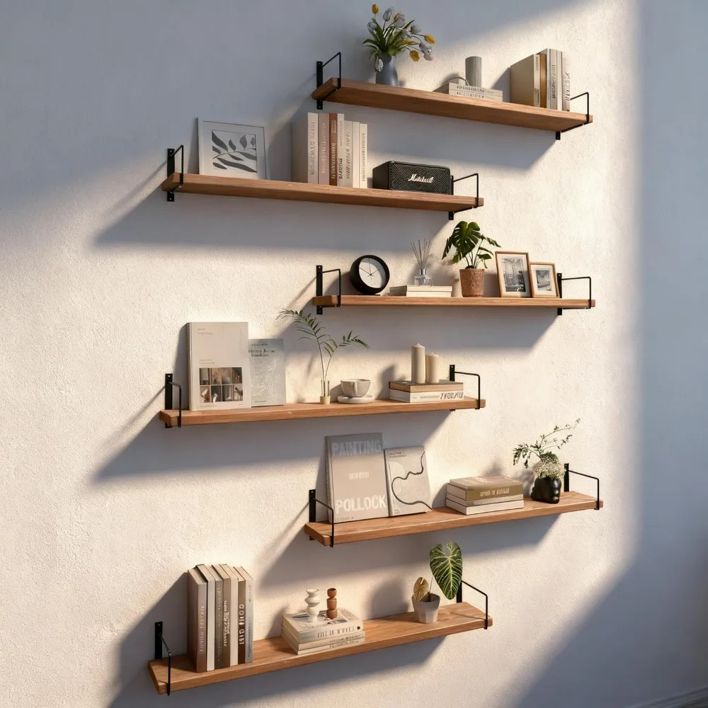 

36-дюймовые 6-ярусные плавающие настенные полки из цельного дерева для хранения и организации домашних помещений