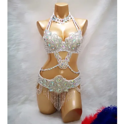Imagen 2 del producto Nuevo traje de danza del vientre con cuentas de cristal para mujer, sujetador, cinturón y collar, conjunto de 3 piezas, traje de danza del vientre Sexy, ropa de danza del vientre