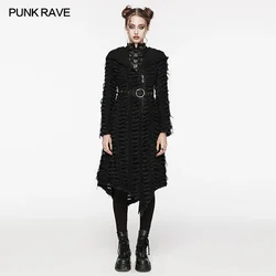 PUNK RAVE Women's Punk Washed Complicated Asymmetrical Hem Decayed Jacket Match Independent Belt Long Coat Winter Clothes Women