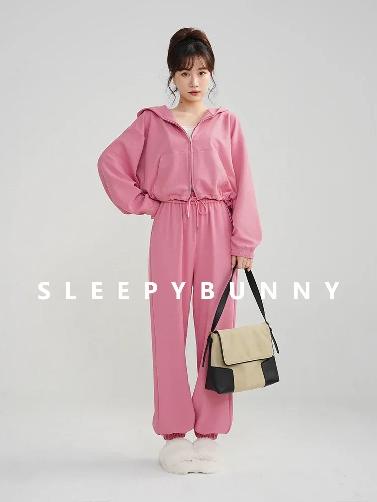 

2025 Spring Korean Style Pink Sports Hoodie Set Women Loose Fit Drop Shoulder Crop Top and Sweatpants Petite Friendly Loungewear