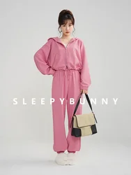 2025 Spring Korean Style Pink Sports Hoodie Set Women Loose Fit Drop Shoulder Crop Top and Sweatpants Petite Friendly Loungewear