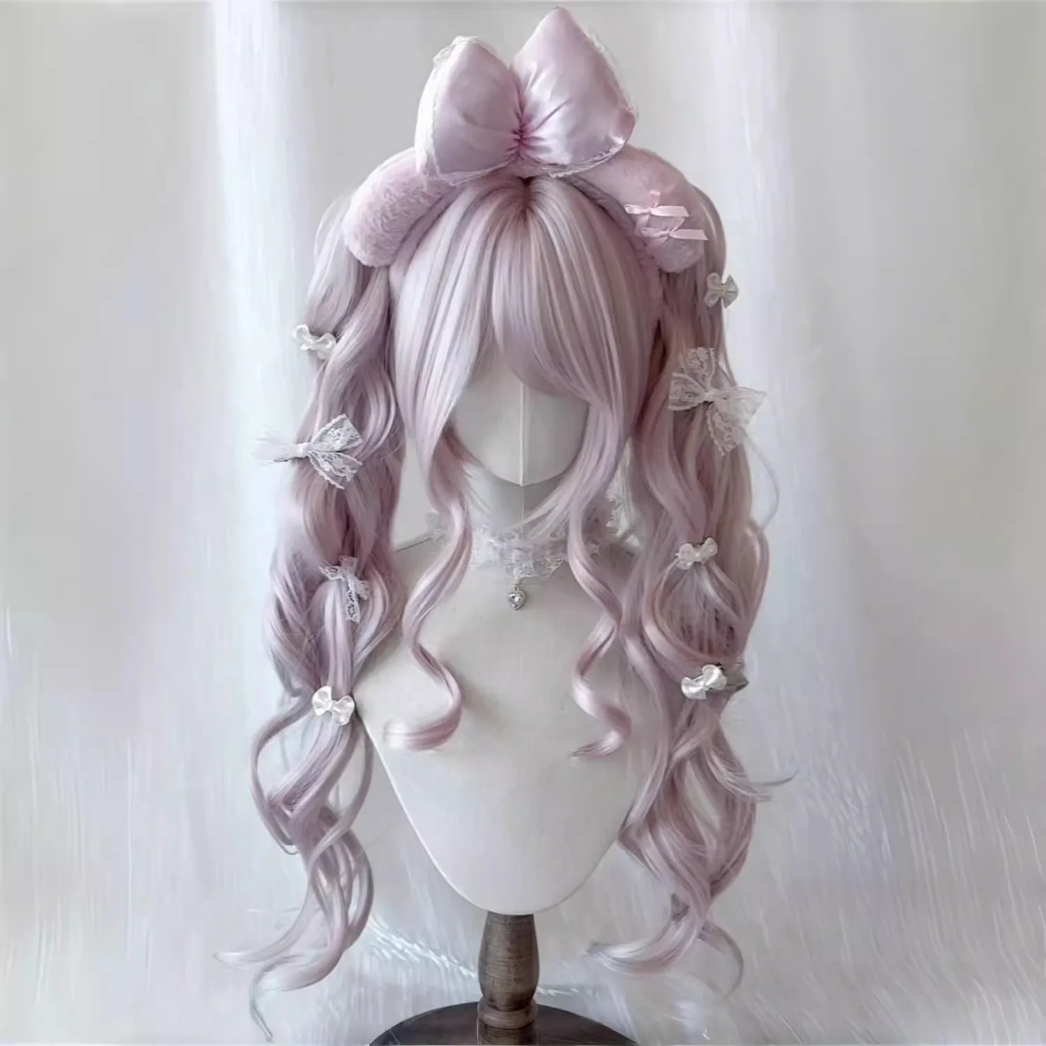 

Wig Female Lolita Tiger Mouth Clip Double Ponytail Long Curly Hair Bangs Light Pink Lolita Daily Full Set Of Cosplay Accessories