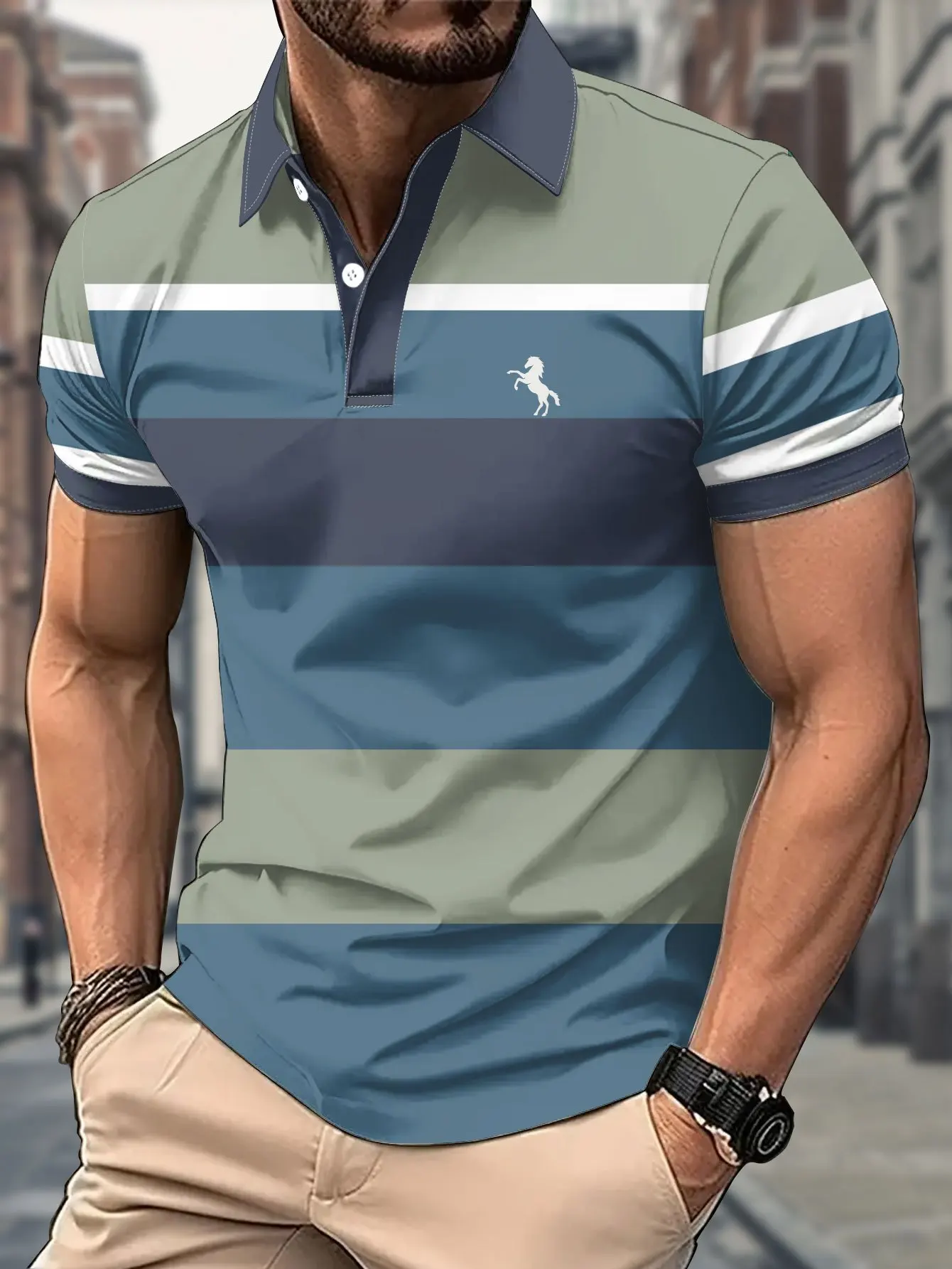 New men's short-sleeve polo shirt T-shirt, loose-fitting and tailored with printed patterns, versatile basic crew-neck top suita