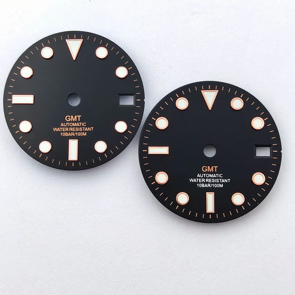 قرص NH34 بتوقيت جرينتش قرص الساعة 28.5 ملم قرص أسود ضوء ليلي أخضر يناسب ملحقات ساعة الحركة nh34 nh35