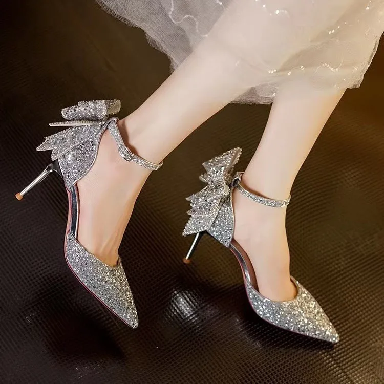 

New crystal diamond silver bow high heels women's stiletto high-end bridesmaids French wedding shoes women