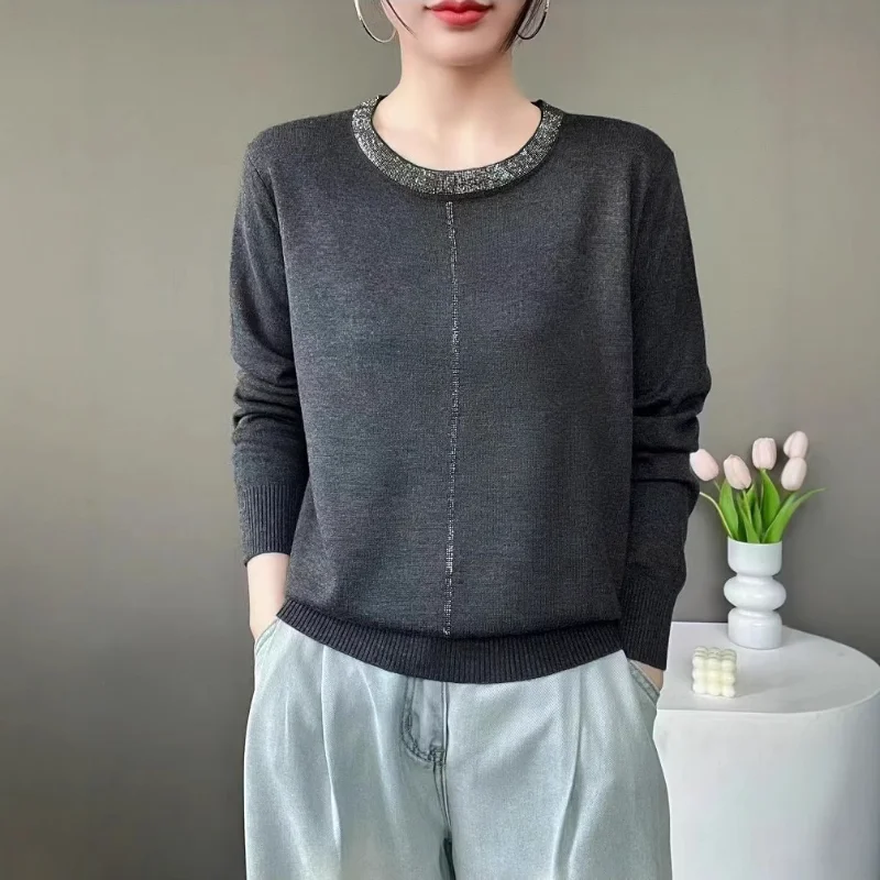 Sweter damski z okrągłym dekoltem, długim rękawem, zdobiony dżetami, nowy styl na wiosnę i jesień, luźny, uniwersalny, bazowa warstwa dzianiny.