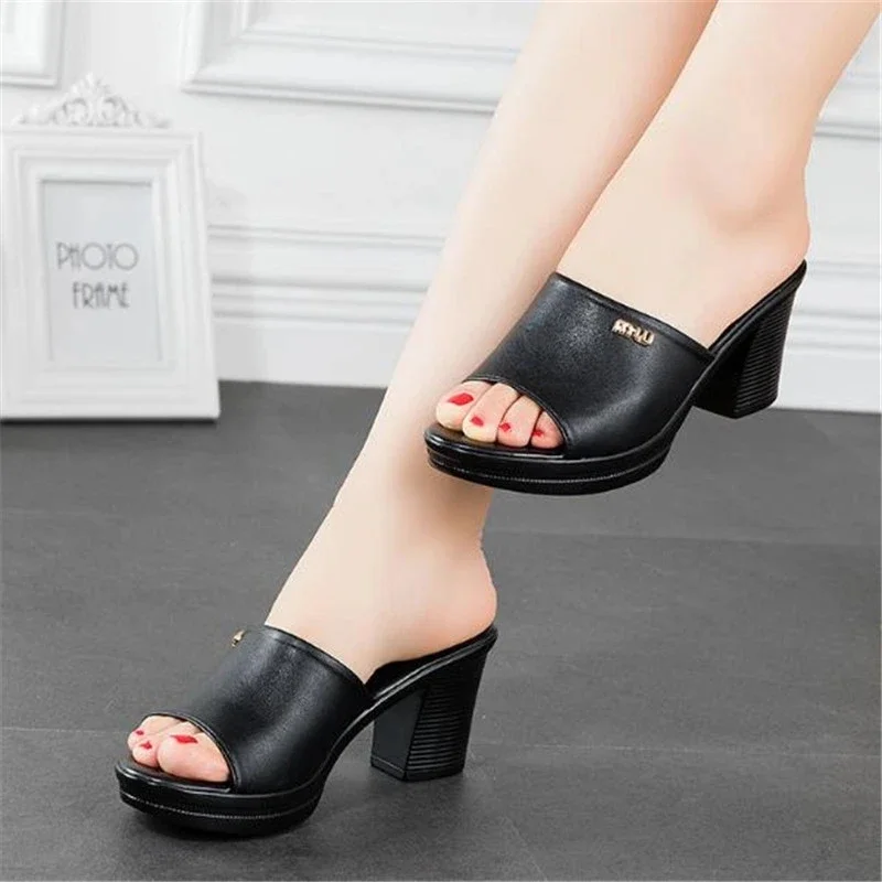 Women Sexy High Heel Clogs Summer Peep Toe Platform Mules Ladies Genuine Leather Slippers Female Slip On Sandals Shoes