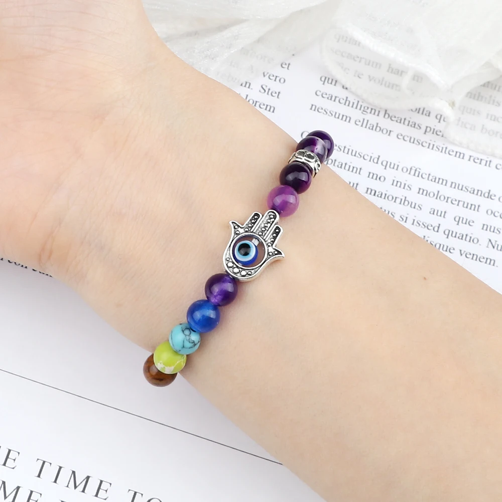 6mm 7 Chakra Beads Bracelets Lucky Evil Eye Hand Of Fatima Women Men Natural Lava Stone Agates Bracelet & Bangle Prayer Jewelry