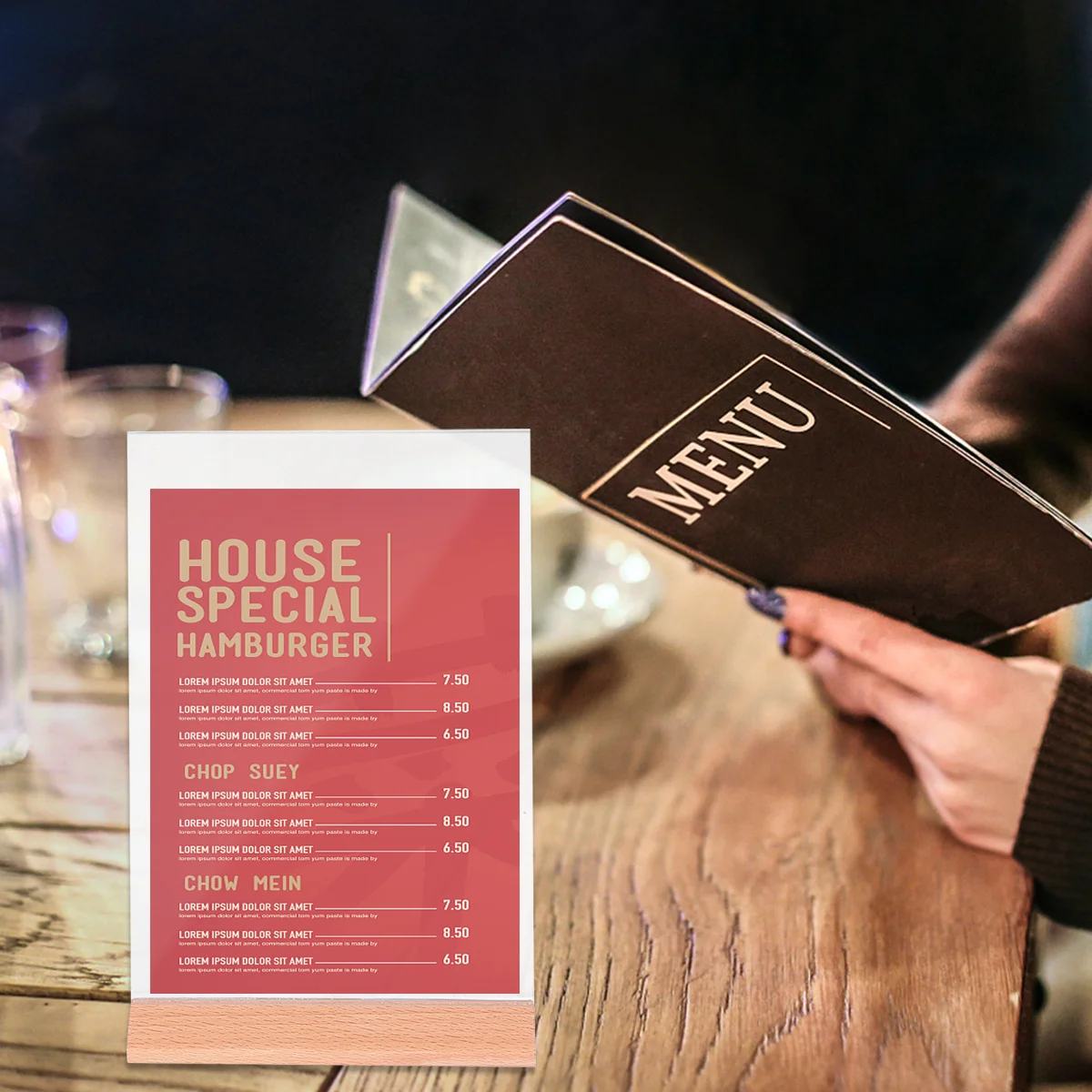 Suporte de menu acrílico transparente, suporte de exibição de mesa para loja, festa de casamento, suporte de sinal, rack, quadro de propaganda