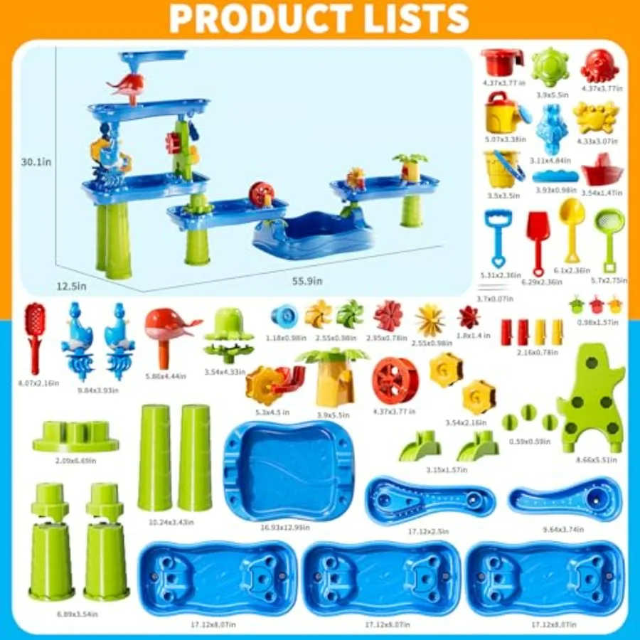 5-Tier Water Table Toys for Toddlers Ages 1-3 4-8, Plastic Blue Sand and Water Sensory Table with Rain Showers Pond, Outdoor Su