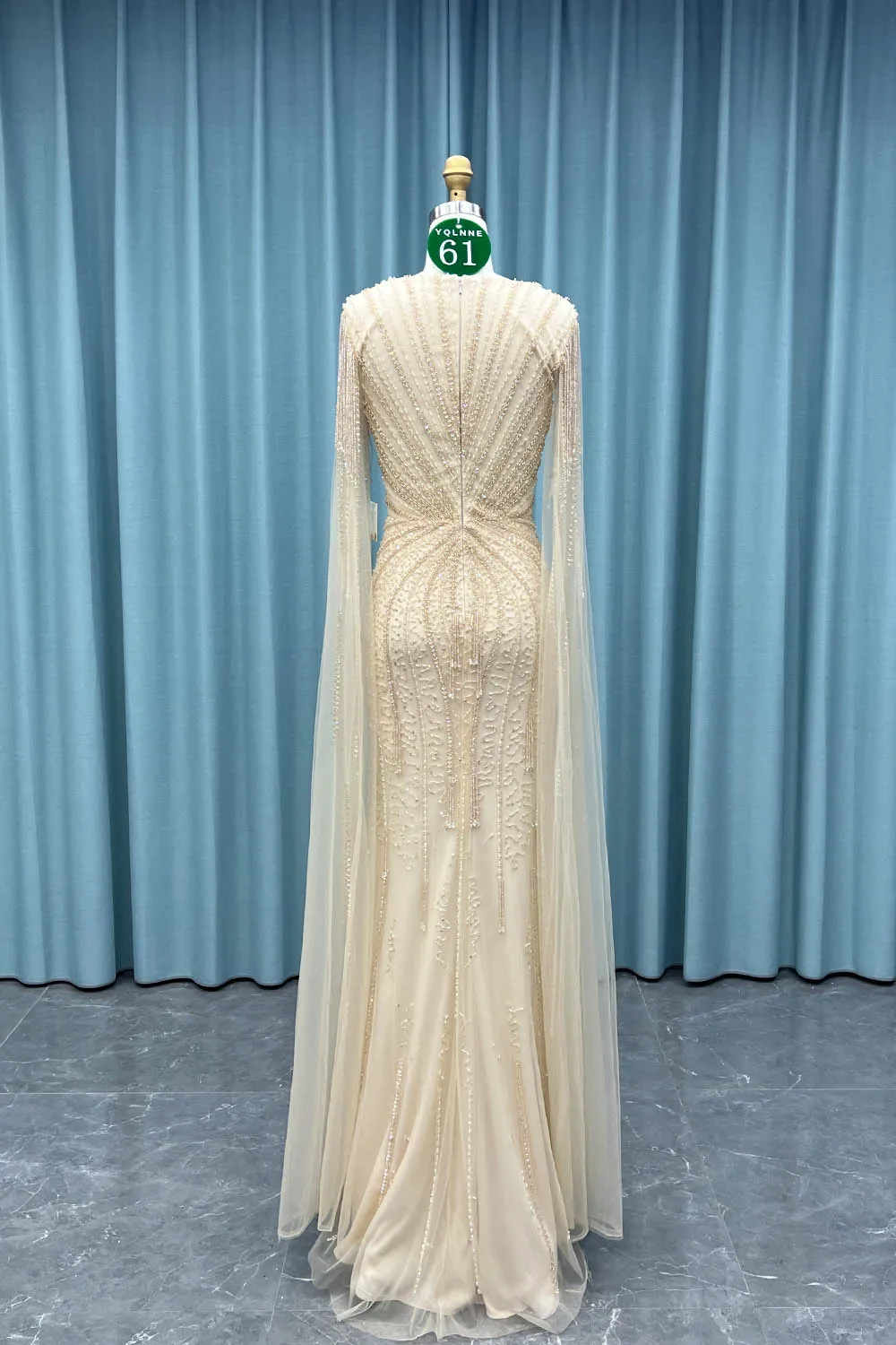 YQLNNE 061 vestidos de noche de sirena con cuentas de cristales champán mangas largas vestido de fiesta de noche de desfile de tul