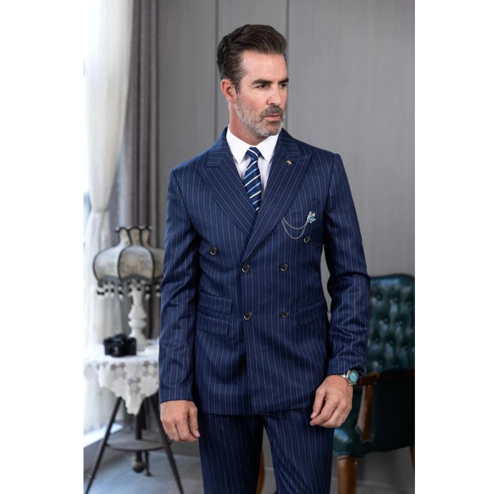 Blue Pinstripe Men Suit Blazer 2 Pcs Jacket Pants Costume Homme Fashion Double Breasted Peak Lapel Prom Party Male Set