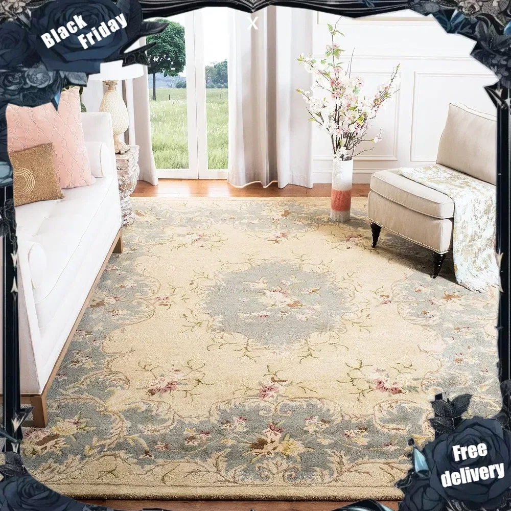 Bergama Collection Area Rug - 9' x 12', Ivory & Light Blue, Handmade French Country Wool, Ideal for High Traffic Areas