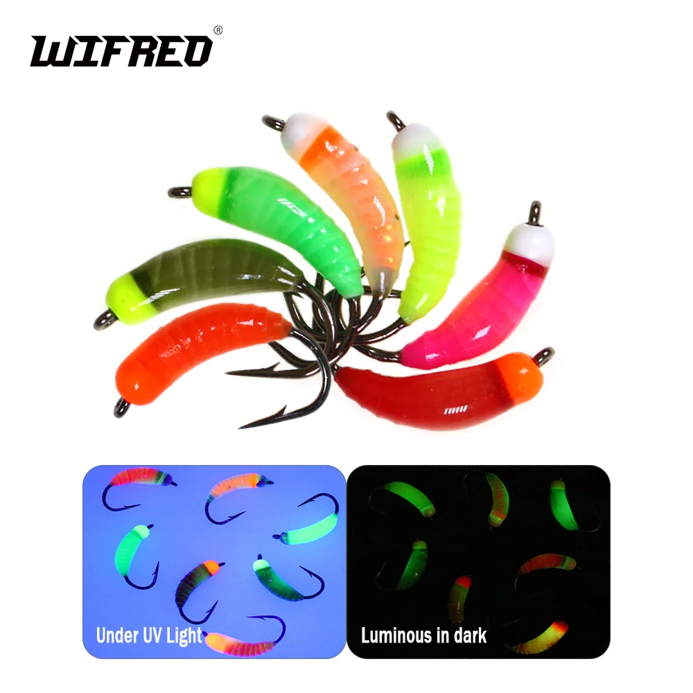 Wifreo 6pcs Tungsten Bead Head Nymph Flies Luminous Scud Worm Fly Caddis Larvae Insect Baits Trout Perch Fishing Lure Bait #8#12