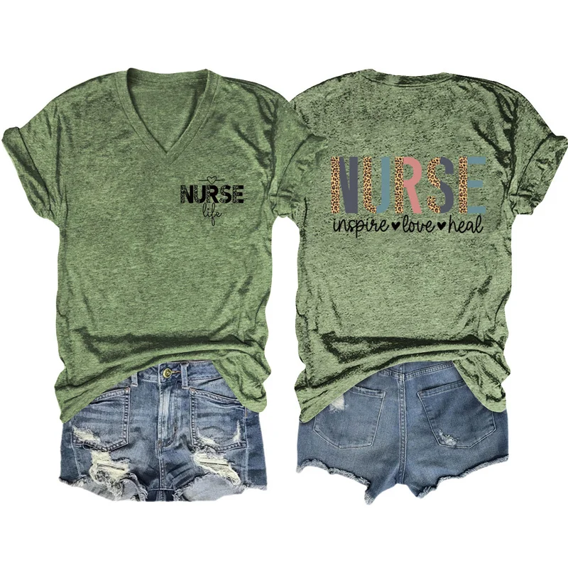 New cotton reversible printed V-neck short-sleeved Nurse inspire love heal personalized character mother and daughter T-shirt