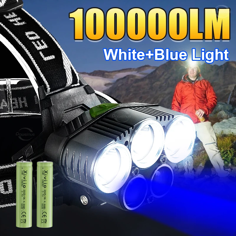White+Blue Light Powerful Headlight With Warning Light Fishing Head Torch Rechargeable Lamp 5 Modes Outdoor Fishing Hunting Lamp