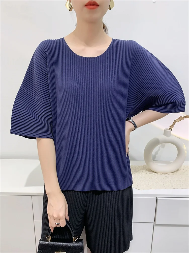 Miyake Big Toothpick Pleated Top Women 2023 Spring and Summer New Fashion All-match Korean Version Loose Casual T-shirt Women