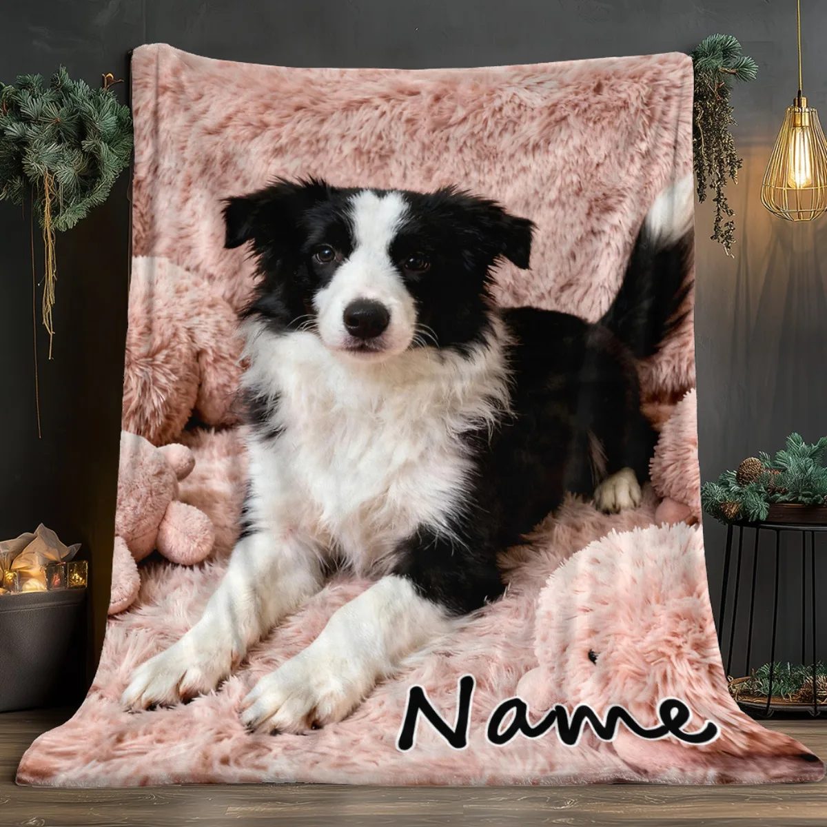 1 Stück personalisierte Border-Collie-Hundedecke/Wurfdecke mit individuellem Namen/Textdruck, weicher Flanellstoff für Sofa, Reisen, Camping