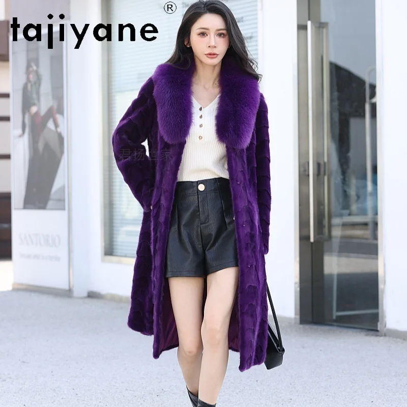 TAJIYANE Natural Pieced Mink Fur Jacket Woman Purple Long Real Mink Fur Coat with Fox Fur Collar Winter Women Clothing 2025 шуба