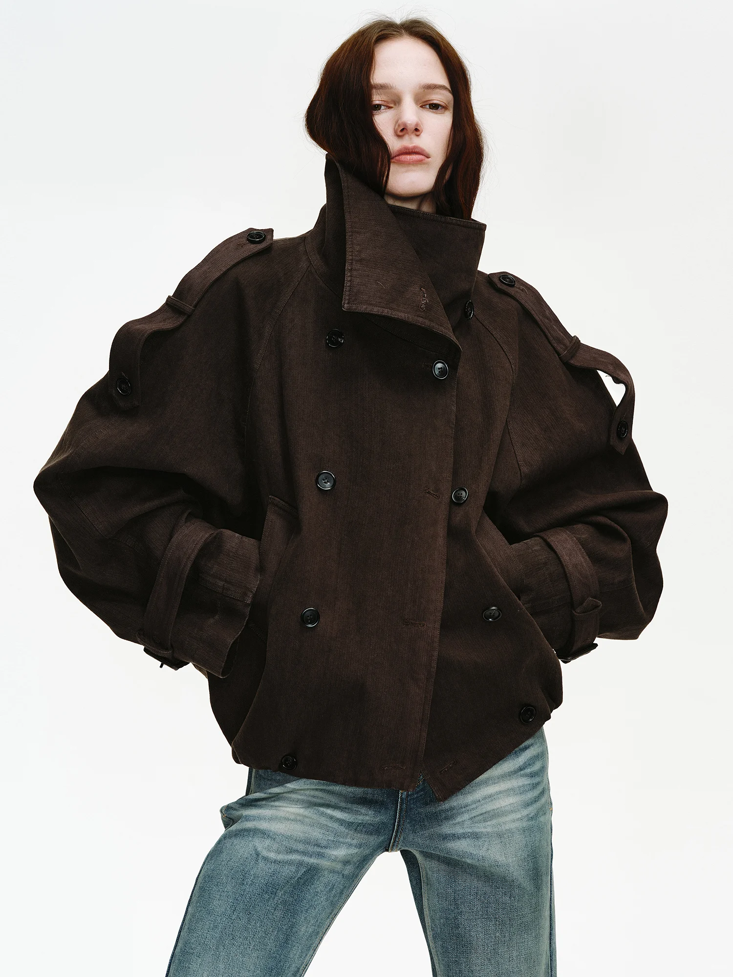 

Waed Cotton Modern Slim Fit Double Breasted Stand Collar Coat for Women Commute Sle Loose Fit Long Sve Pure Color