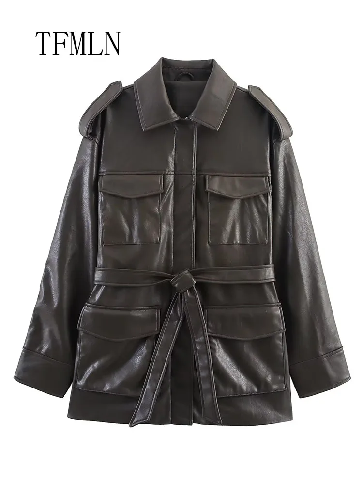 TFMLN سترات من الجلد الصناعي غير رسمية للنساء جيوب أنيقة عتيقة وأكمام طويلة وحزام فضفاض ملابس خارجية لخريف وشتاء 2025 #3