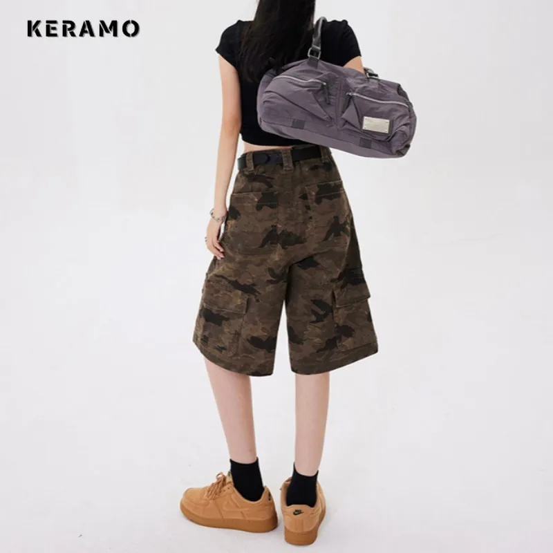 Y2K Baggy Camouflage 2000s Denim Shorts Women's Washed Vintage Casual Shorts High Street Retro High Waist Pockets Trashy Jeans