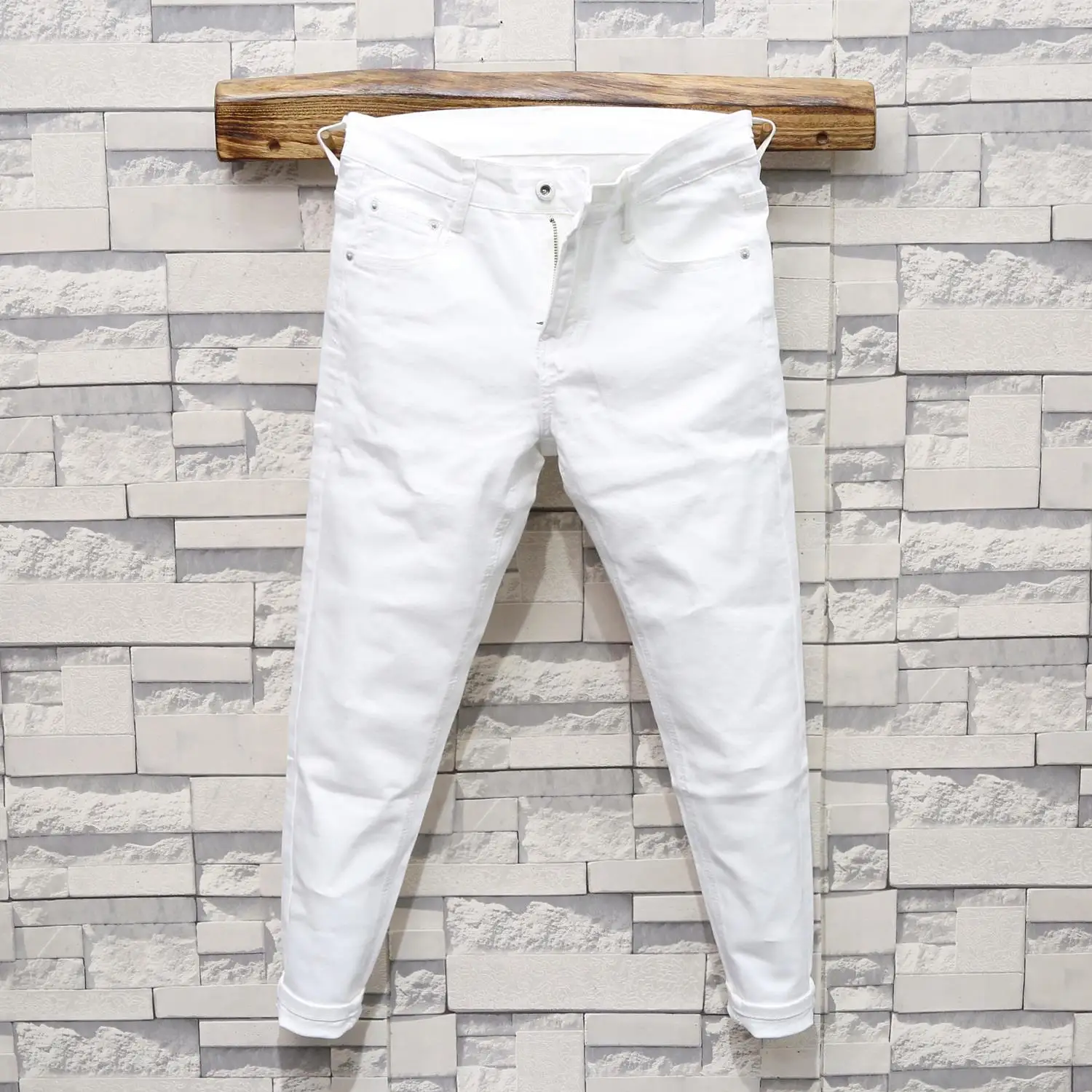 

Весенне-осенние мужские джинсы Slim Fit из чистого белого хлопка, эластичные, в корейском стиле, универсальные, популярные в интернете, повседневные, из денима