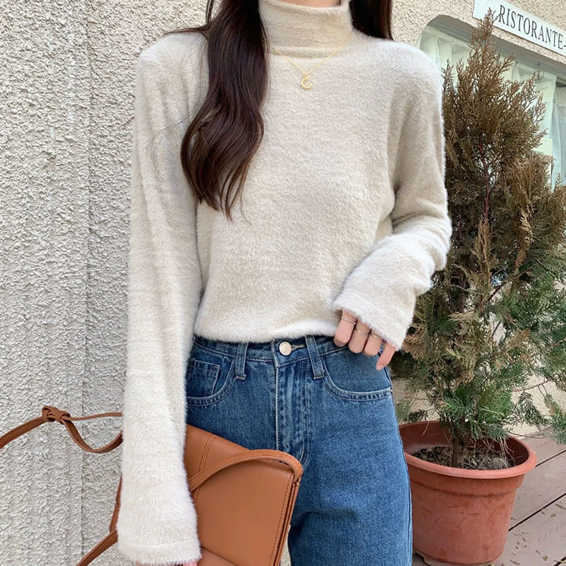 Solid Color Half Turtleneck Casual Basic Tops Women Velvet Knitted Sweater