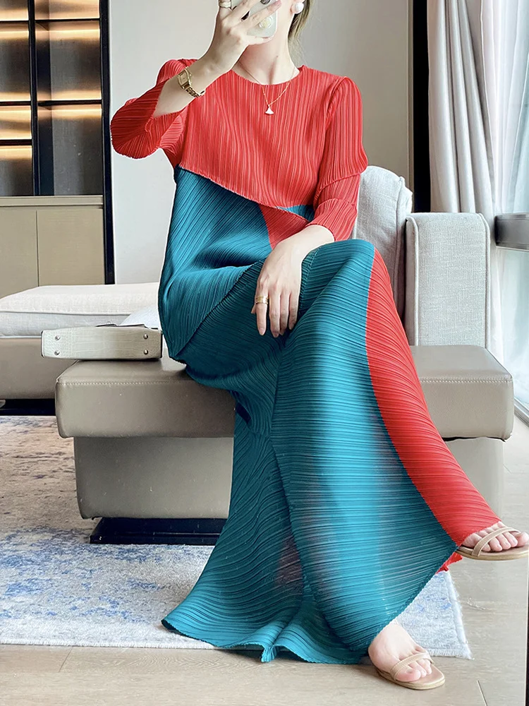 LANMREM Pleated 2 Pieces Set Women Round Neck Long Sleeves Color Block Tops High Waist A-line Skirts Fashion Autumn New 2AA1480