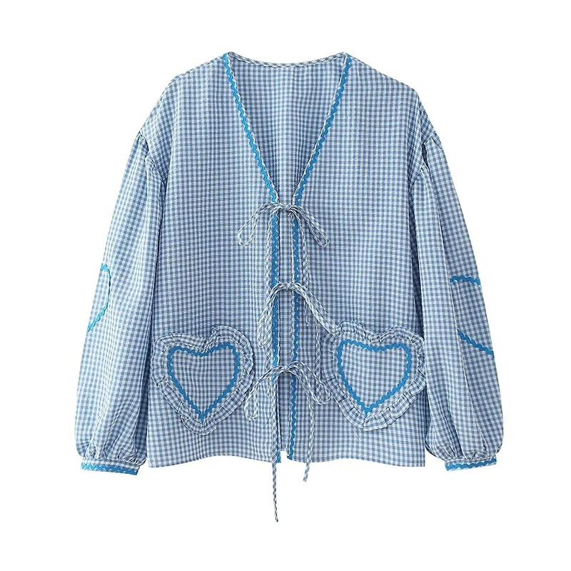 Women Lovely Heart Pockets Shirts Fashion Casual Loose V Neck Bow Buttons Blouses Plaid Love Heart Ribbon Female Chic Tops
