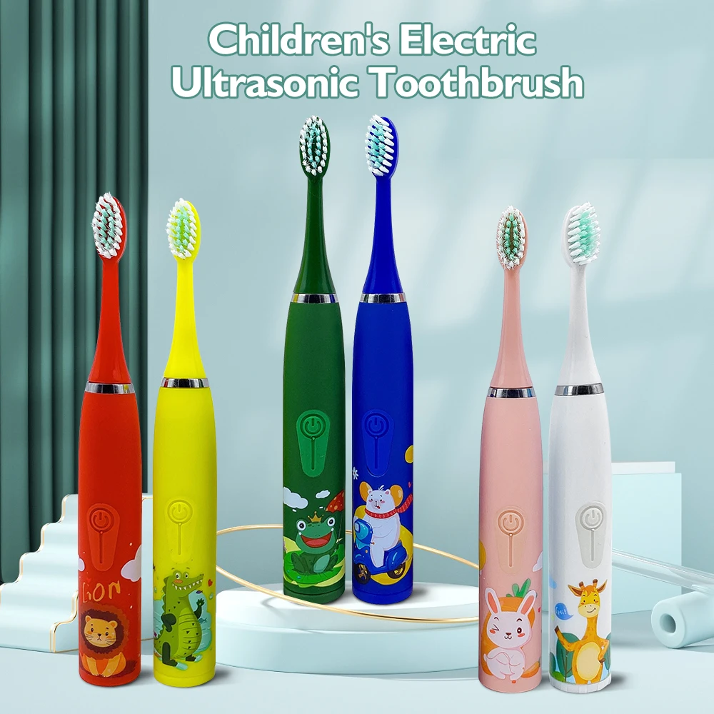 6 in 1 Children Electric Toothbrush Cartoon KidsToothbrush Head Ultrasonic Waterproof Soft Hair Cleaning Brush Rechargeable