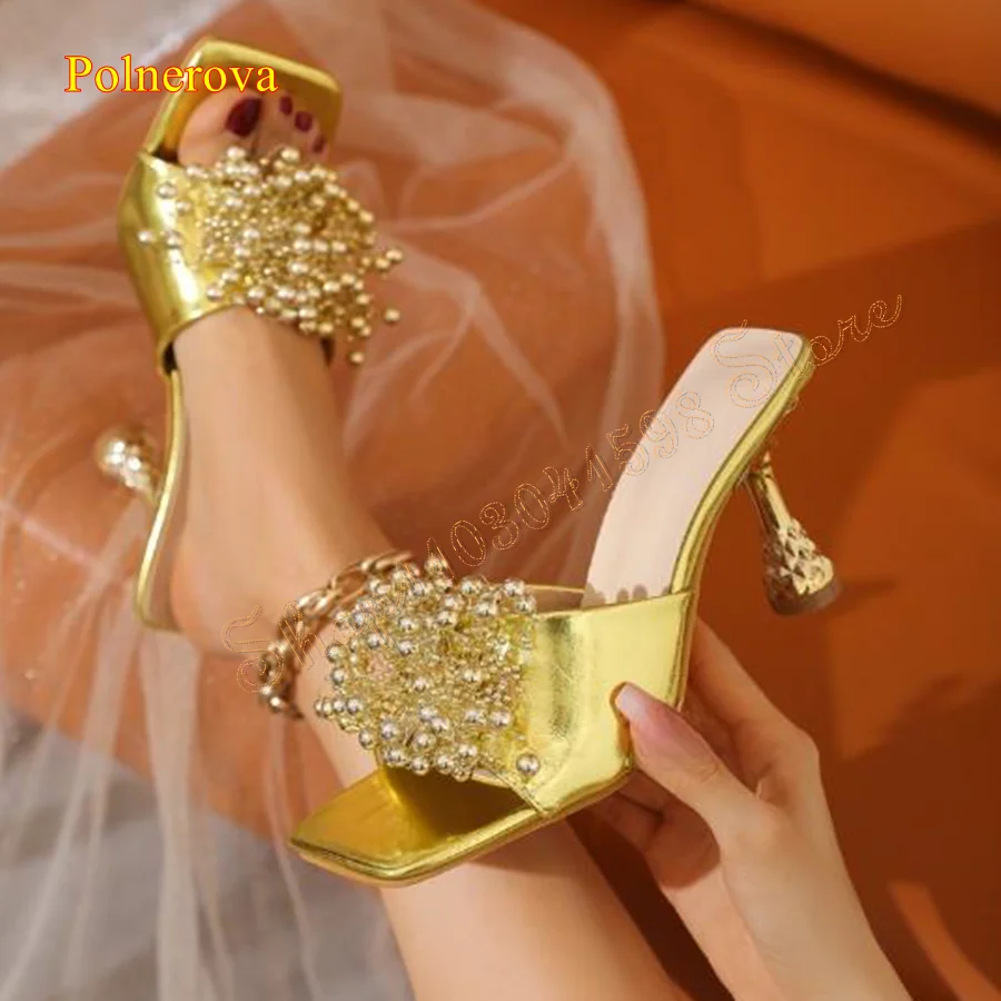 Light Luxury Pearl Flower Slippers Flat Toe Cone Heel Special Shape Heel Women Shoes Wedding Party 2024 New Zapatos Para Mujere