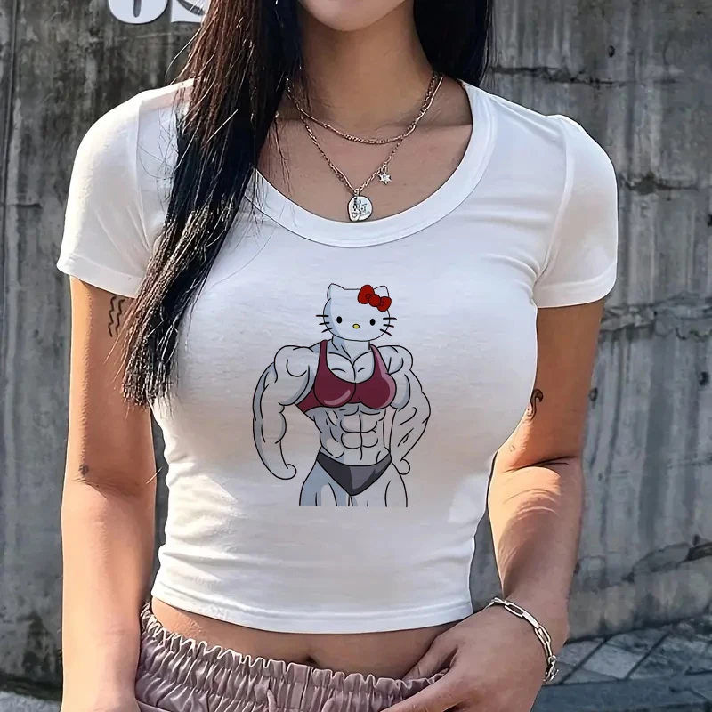 Hello Kittys Muscle Women T-shirt Funny Print Baby Tee Anime Kawaii Clothes Crop Tops Streetwear Women Summer Short Sleeve Tops