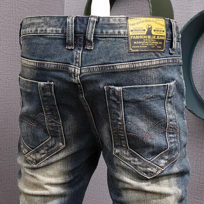 Newly Fashion Designer Men Jeans Retro Blue Elastic Stretch Slim Fit Printed Ripped Jeans Men Vintage Casual Denim Pants Hombre
