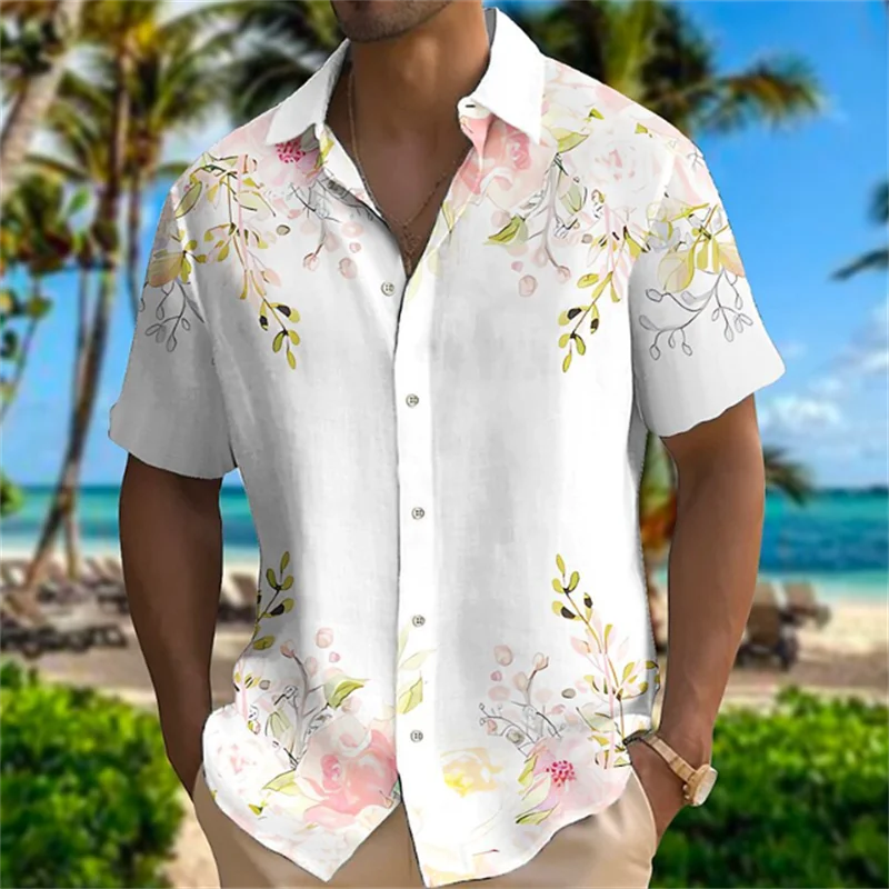 

Men's Shirt Floral Pattern Cross Cuff White Yellow Outdoor Street Short Sleeve Print Clothing Fashion Designer Casual Soft 2023