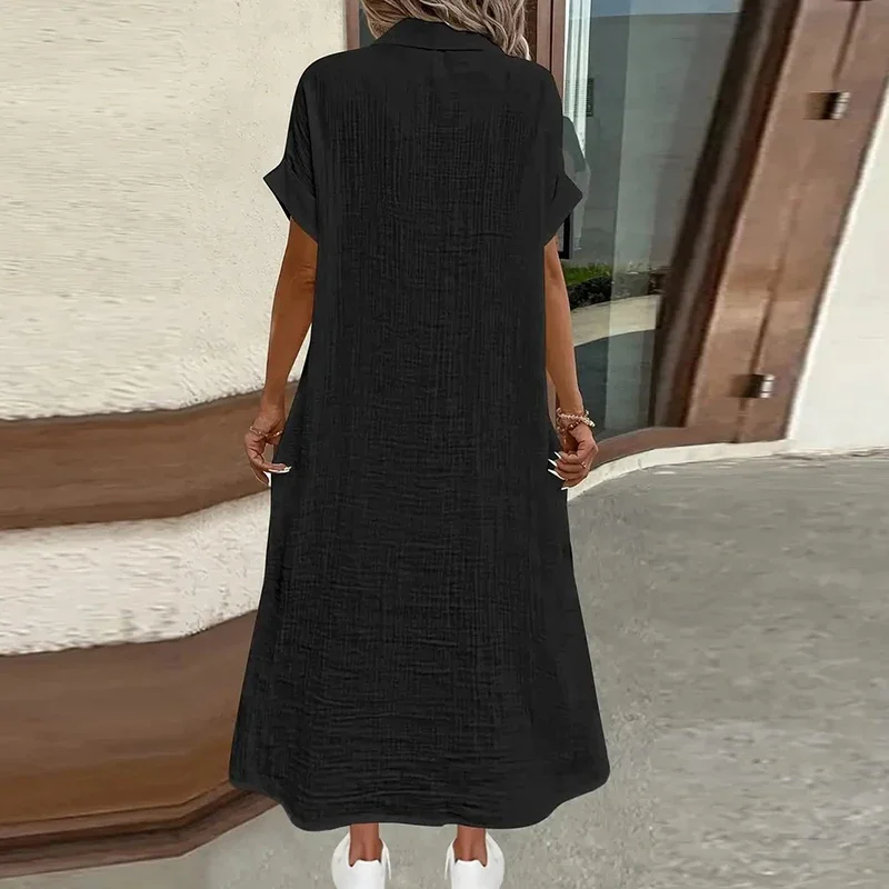 여름 패션 턴다운 칼라 여성 드레스 반팔 라인 코튼 솔리드 컬러 캐주얼 루즈 셔츠 드레스 루즈 미디 드레스