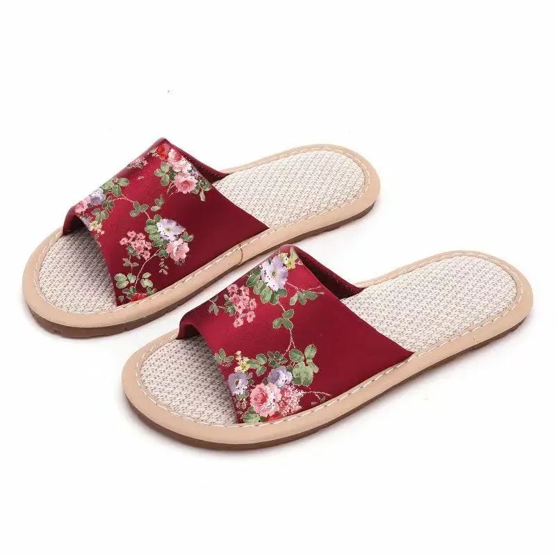 المرأة العرقية نمط شقة وحيد الكتان النعال الصيف المفتوحة تو عدم الانزلاق خفيفة الوزن عالية الجودة الحرير طباعة المنزل النعال الصامتة #3