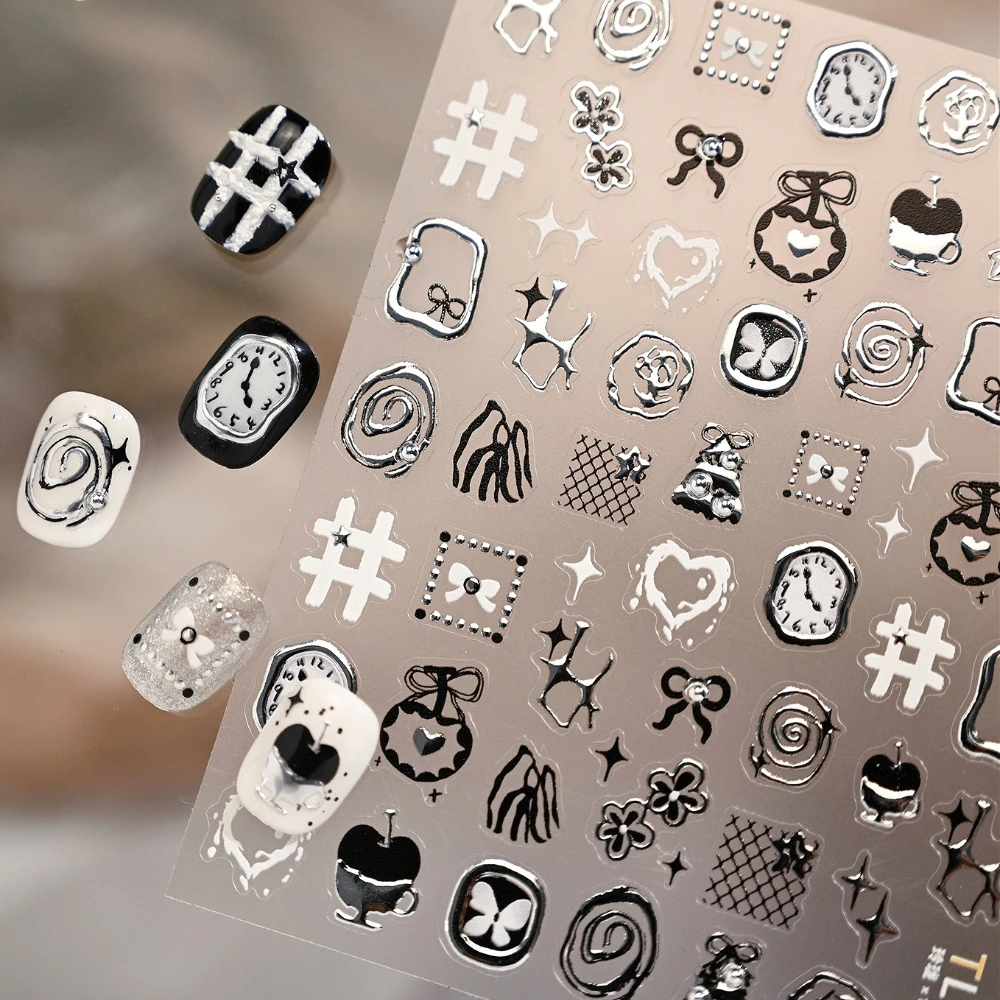 

Silver Stamped Black White Bowknot Stars Flowers Apple Twisted Clock 3D Self Adhesive Nail Art Stickers Fashion Manicure Decals