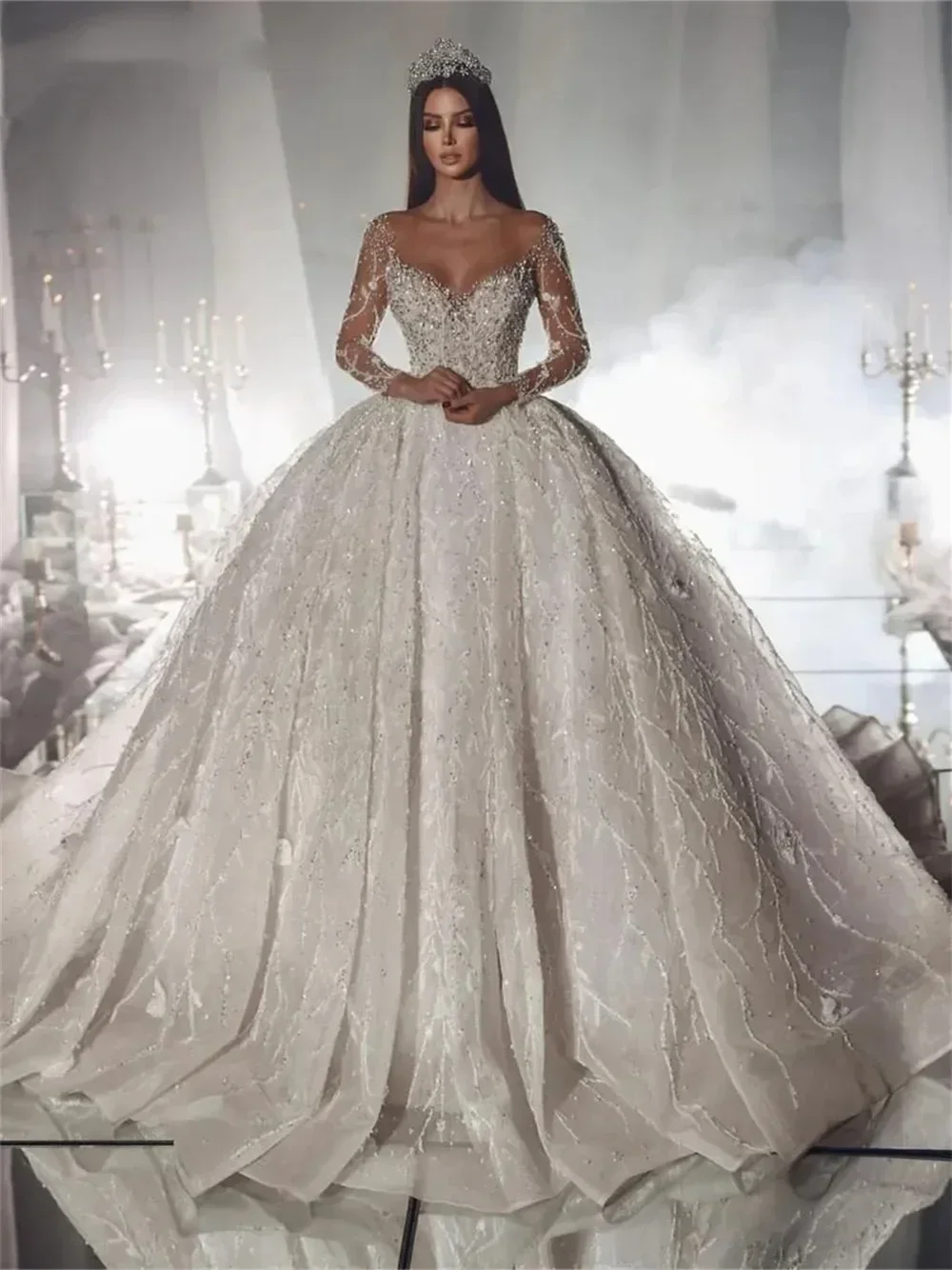 

Luxurious Shiny A-line Lace Bead Women's Wedding Dress New Sexy V-Neck Backless Transparent Long Sleeved Bridal Gown Customized