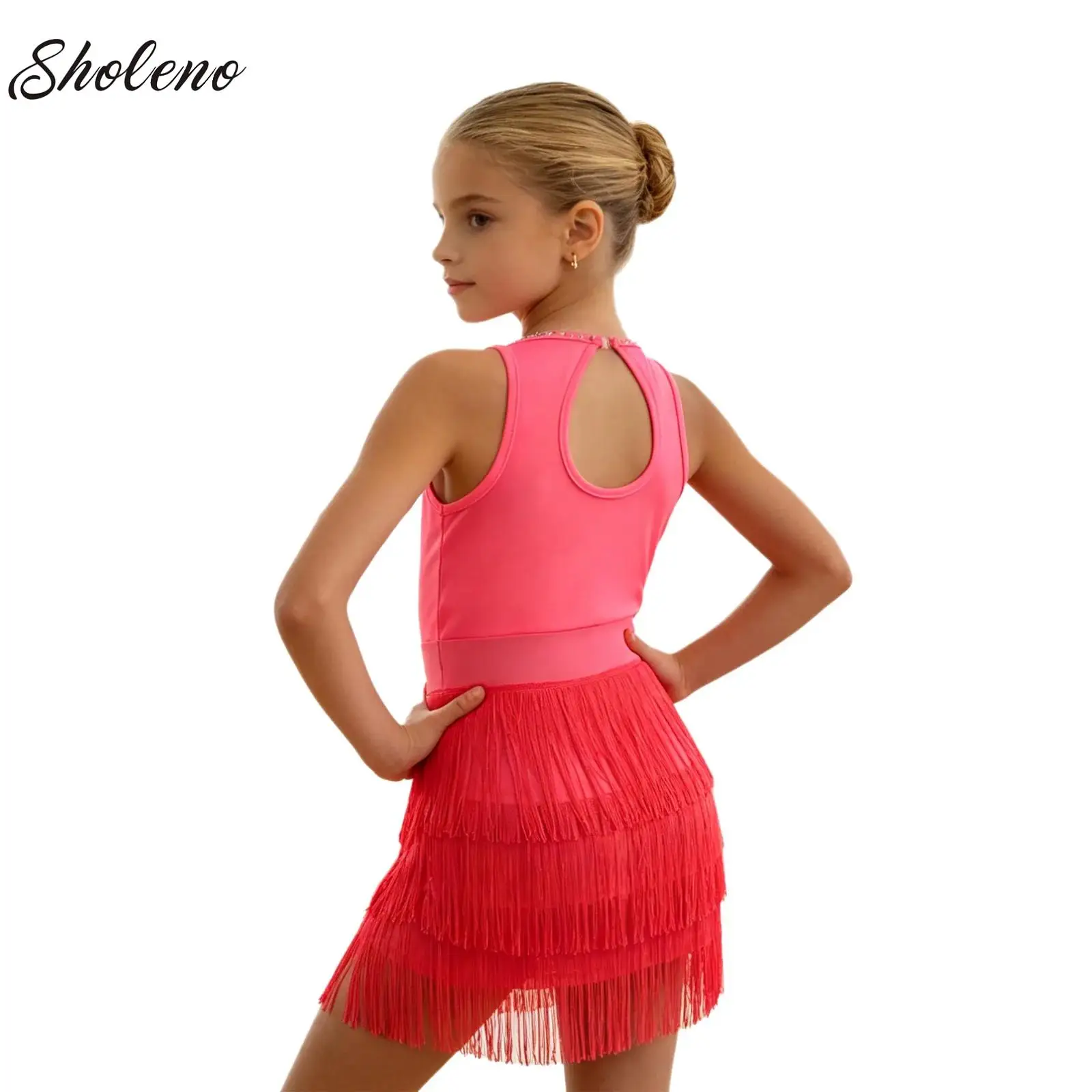 

Kid Girls Glittery Rhinestone Ballet Latin Dance Performance Costume Sleeveless Cross Back Tassel Leotard Dress Practice Clothes
